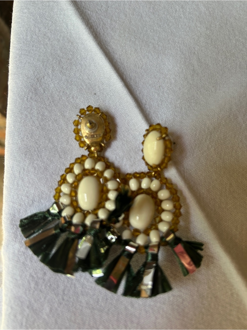 Green & Gold Earrings with Cream Beads